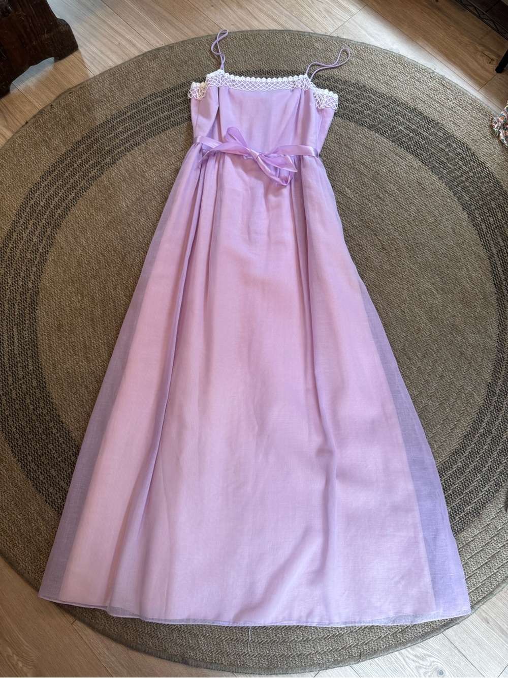 vintage lavender maxi dress white lace trim straight neckline spaghetti straps - Picture 12 of 13